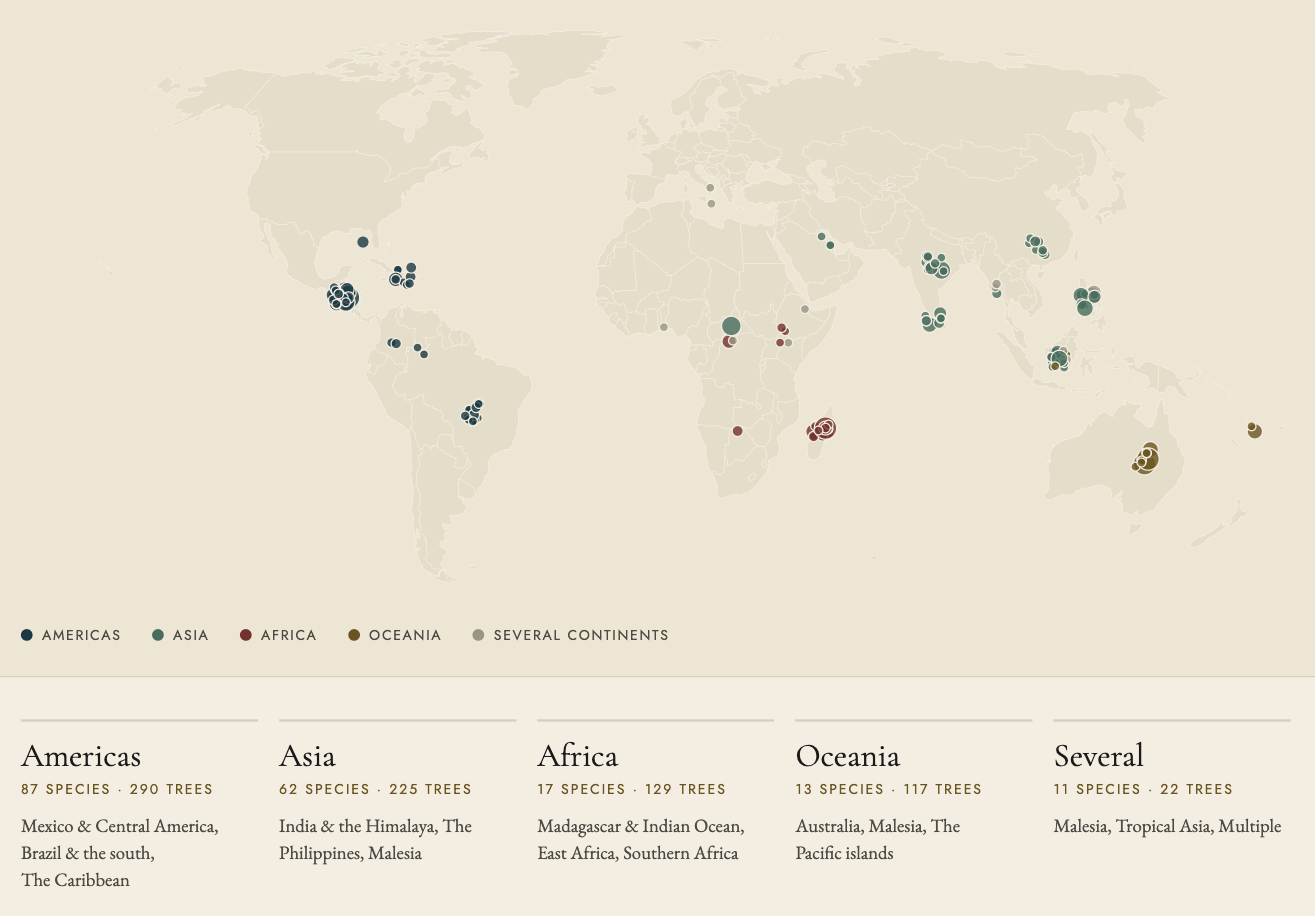 World map showing where each species on the estate grows wild