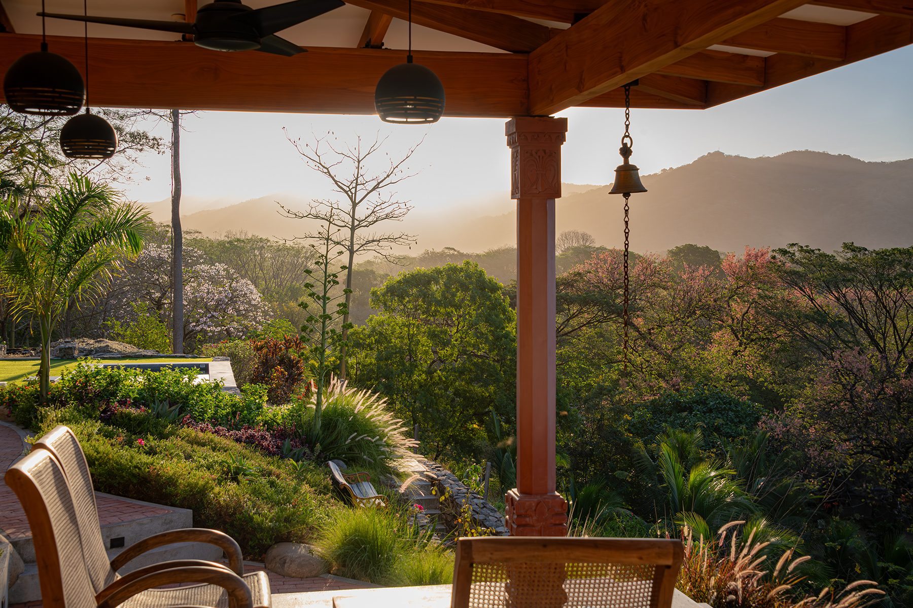 The veranda at sunrise, looking to the mountains