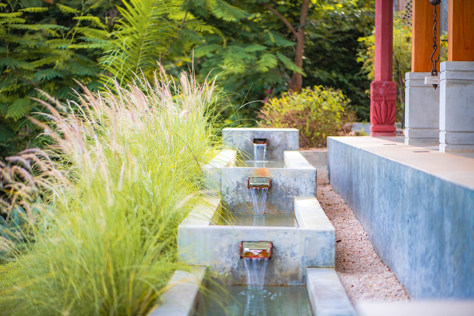 The tiered water fountain beside the terrace
