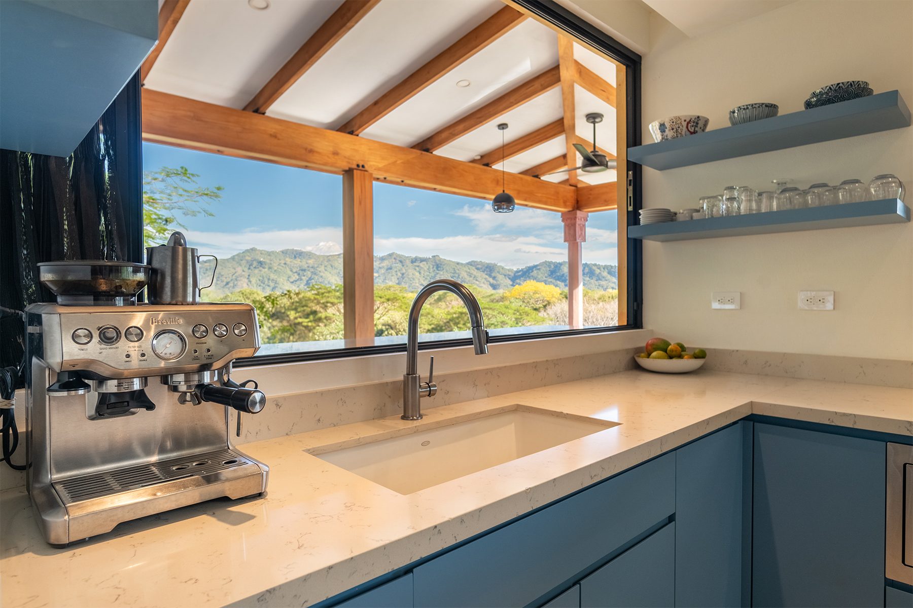 The kitchen island with a mountain view