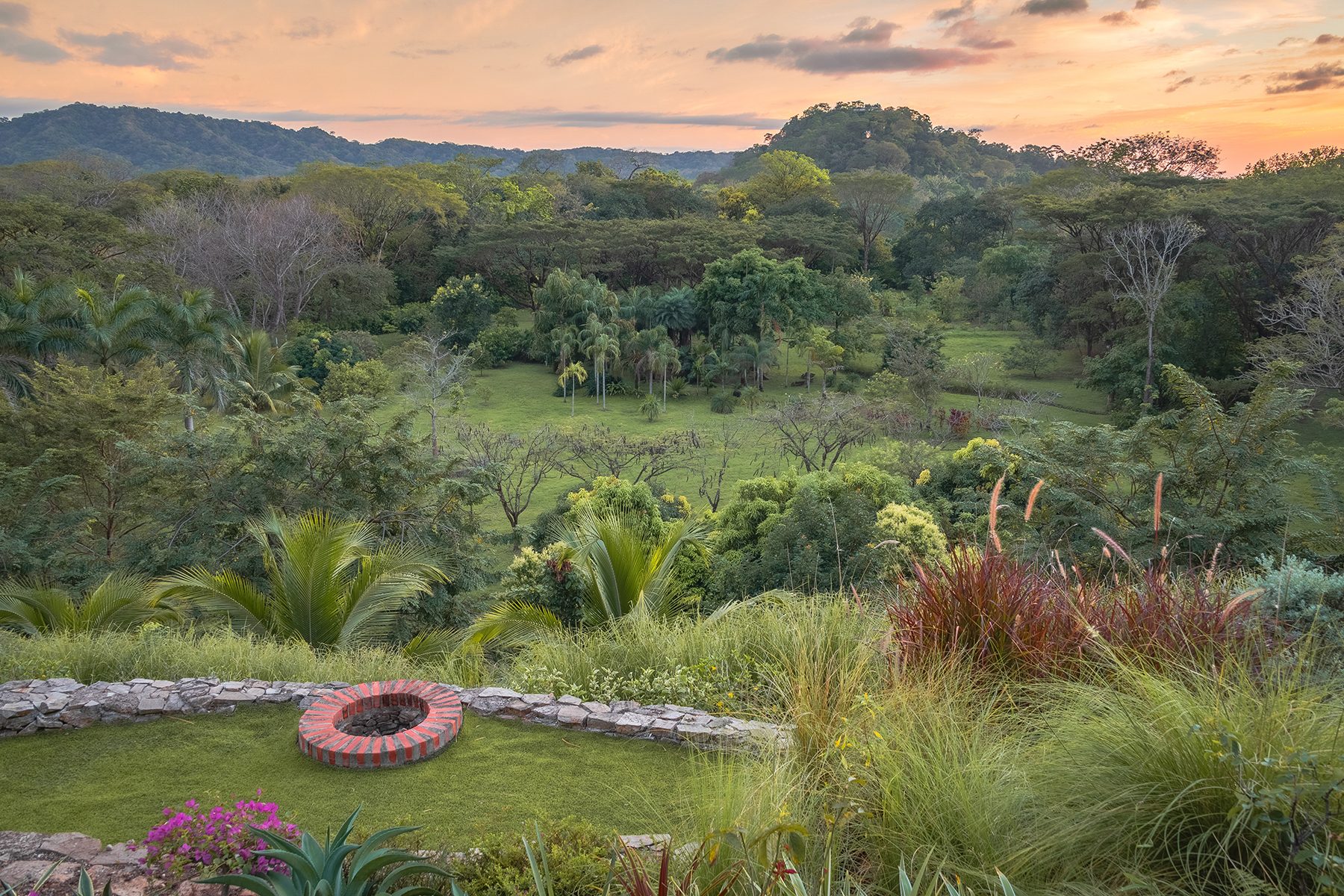 A landscaped garden with mountain views