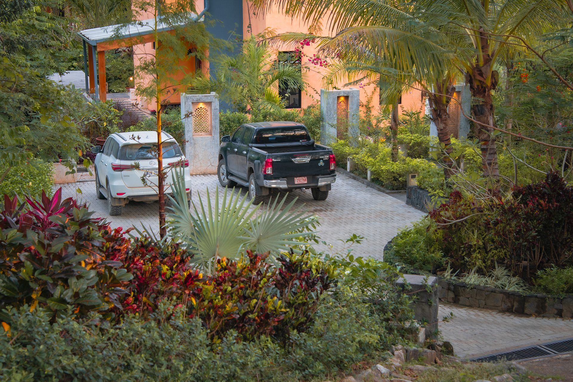 The gated drive and motor court at The Sanctuary Estate, Nosara, Costa Rica